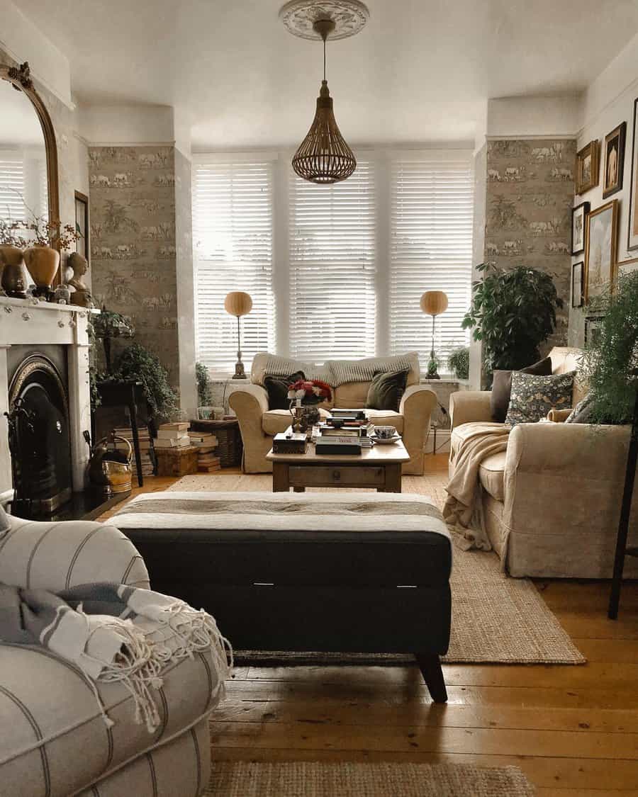 Elegant rustic living room with vintage charm and fireplace