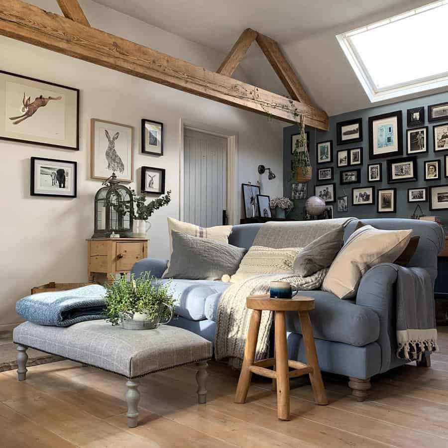 Cozy cottage living room with gallery wall and beams