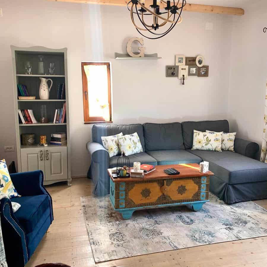 rustic living room with repurposed coffee table