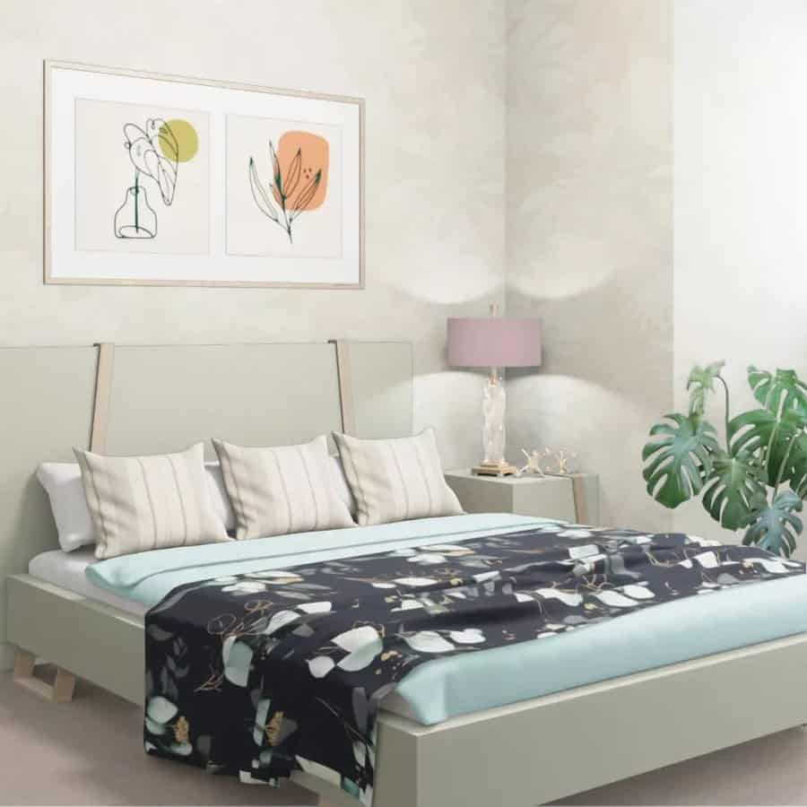 Soft toned bedroom with botanical prints and modern decor