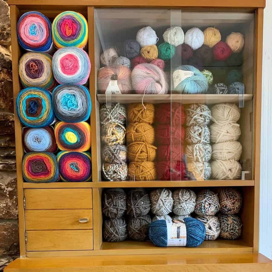 repurposed shelf for yarn storage
