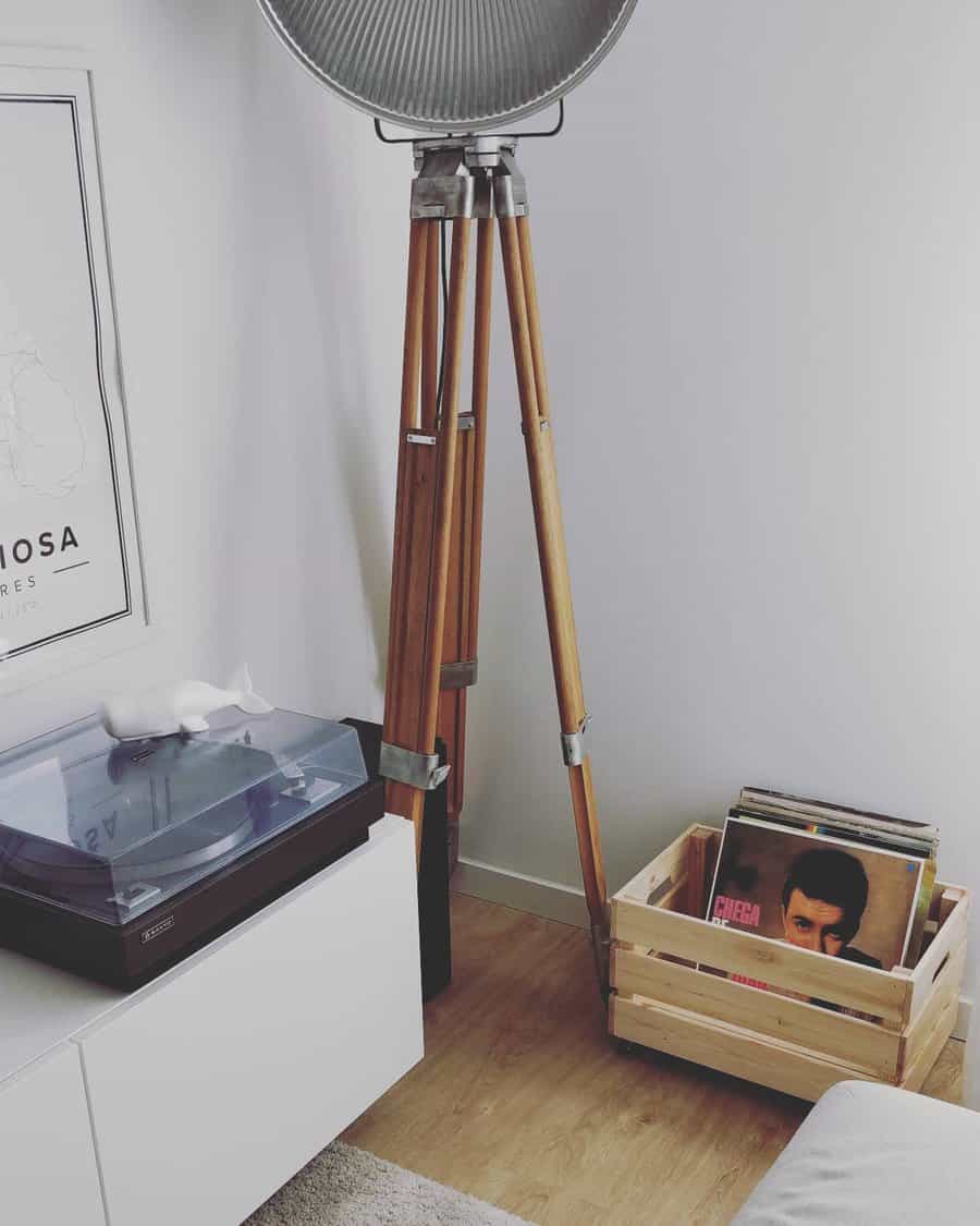 Turntable with spotlight and crate of records