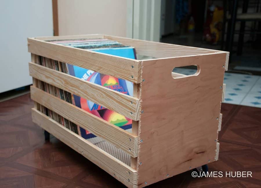 Wooden crate filled with vinyl records