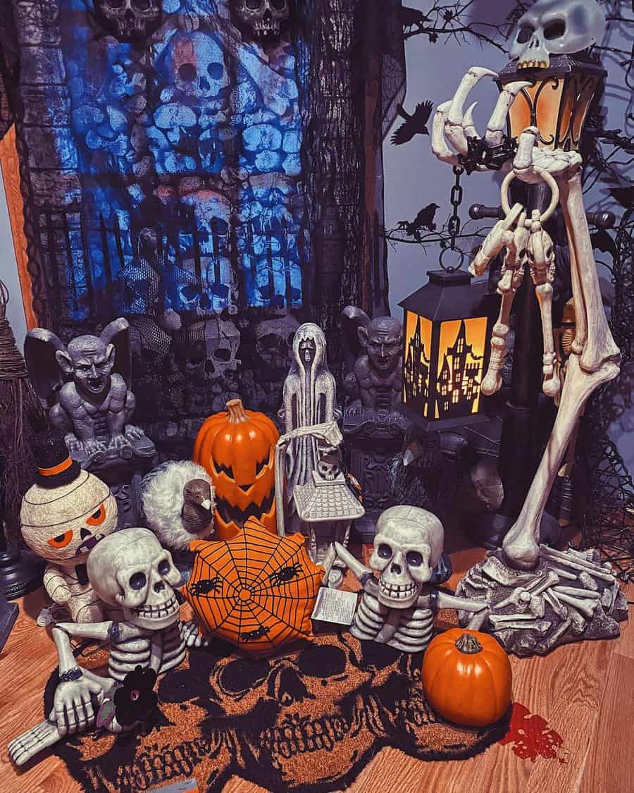 Halloween decorations with skeletons, pumpkins, and spooky figures on a spooky backdrop