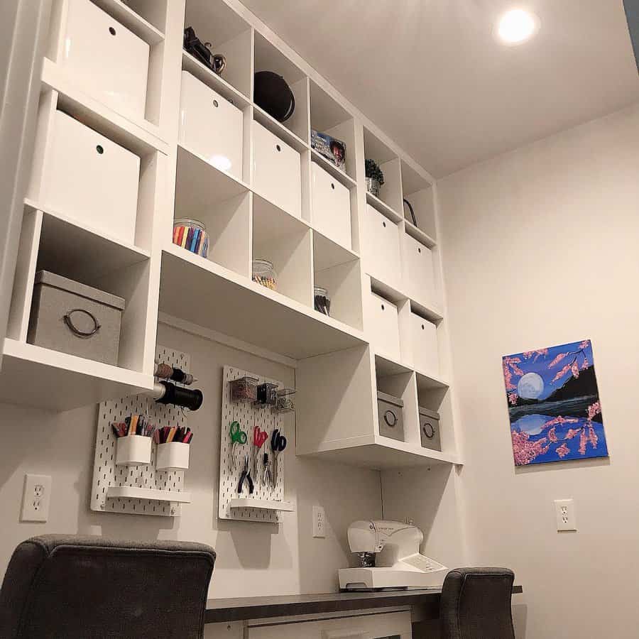 Minimalist craft room with white storage cubes