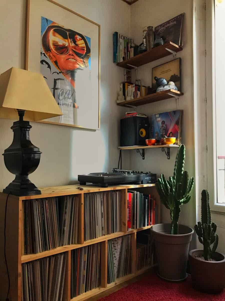 Cozy corner with turntable and vinyl shelf