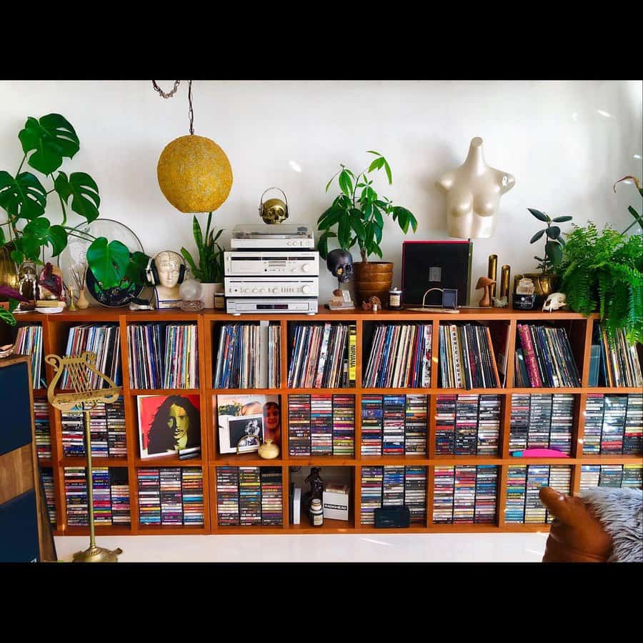 Vibrant music corner with CDs and decor