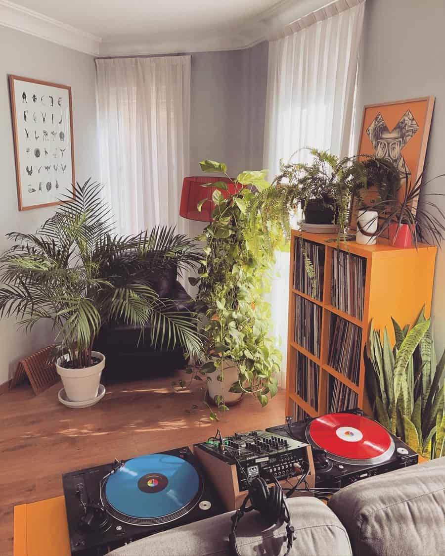 Cozy DJ corner with plants and vinyls