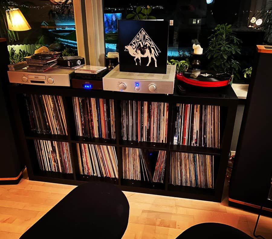 Evening vibe with record player and album collection