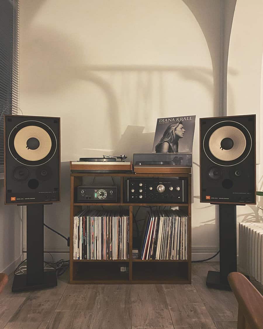 Retro audio setup with record player and speakers