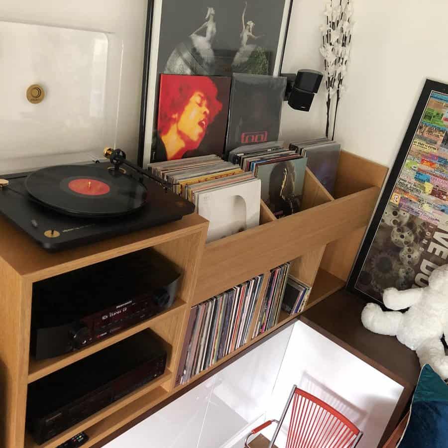 Chic record player nook with vinyl collection