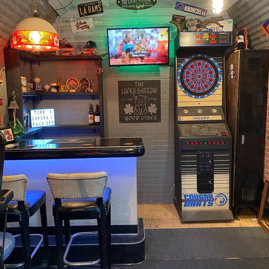 Home sports bar with dartboard and neon lights