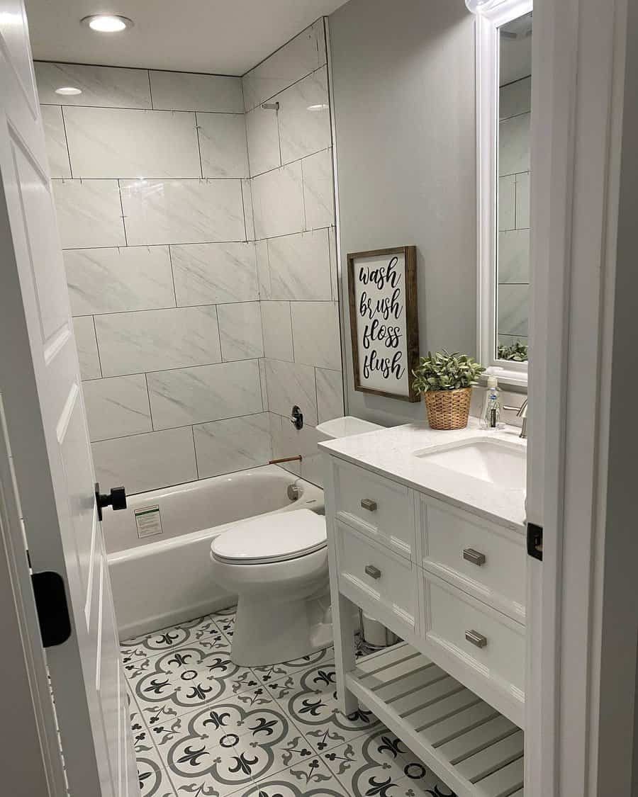 Basement bathroom with a framed quote