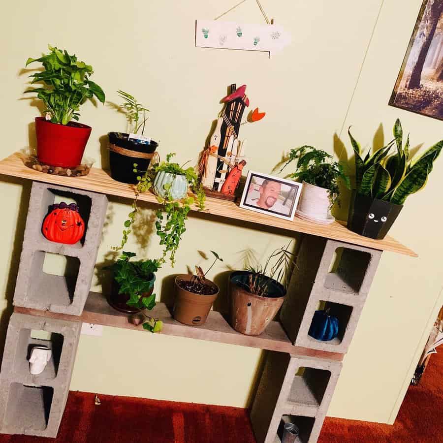 DIY indoor plant shelf made from cinder blocks and wooden planks, decorated with potted greenery, personal items, and rustic decor for a cozy touch