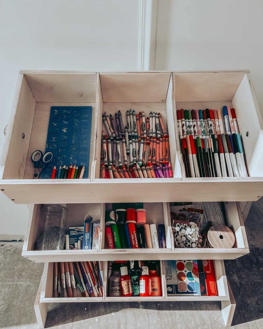 Organized drawers with art and craft supplies