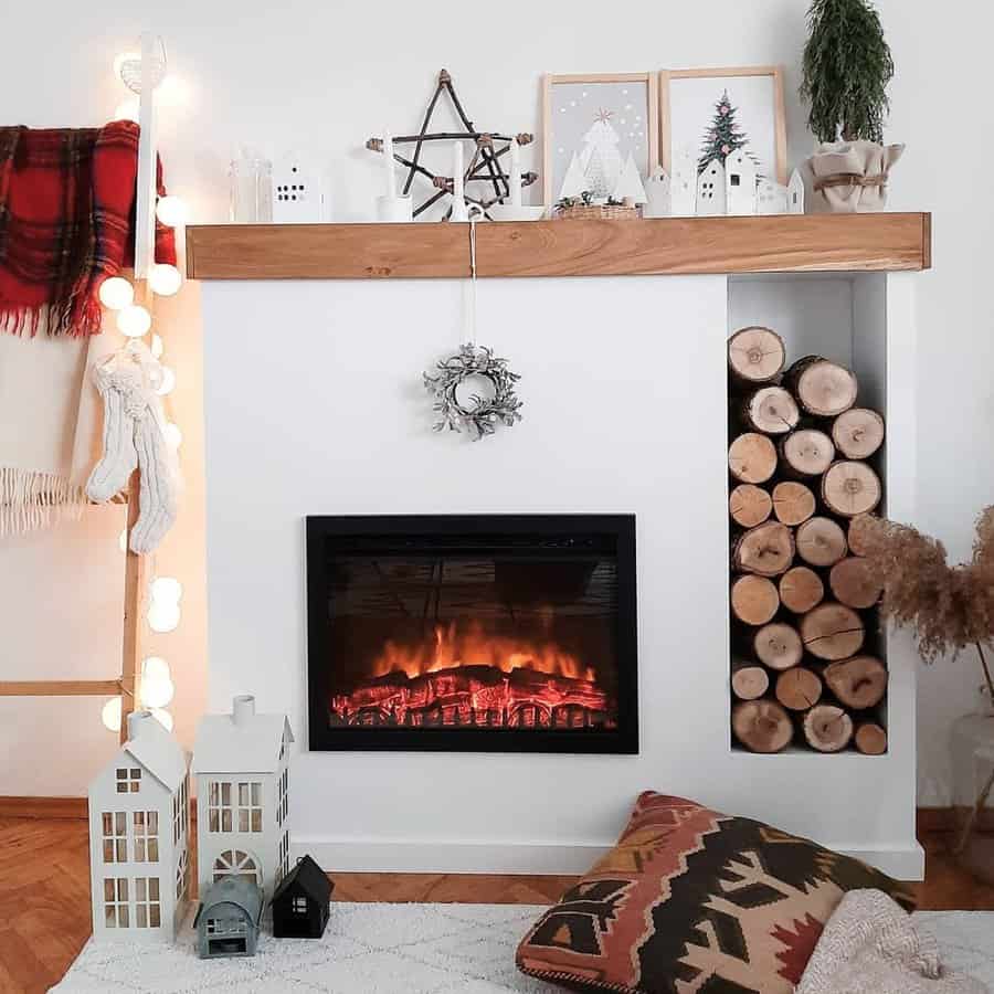 Fireplace wall with recessed shelf for logs