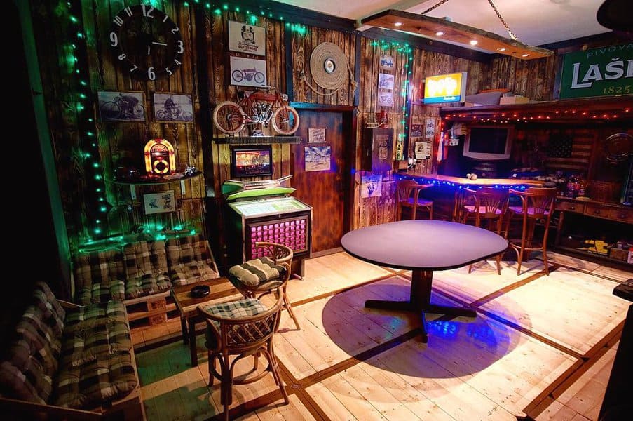 Garage man cave with dramatic lighting