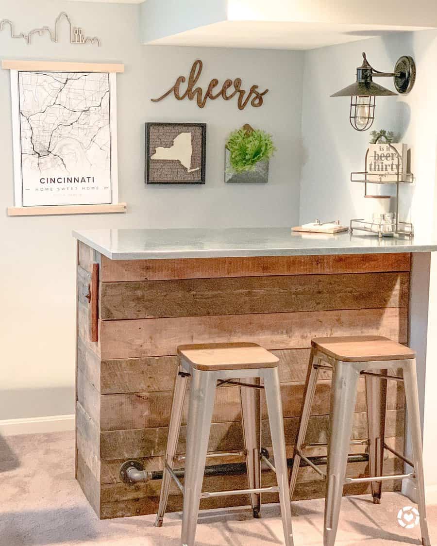 Home bar with reclaimed wood and wall art decor