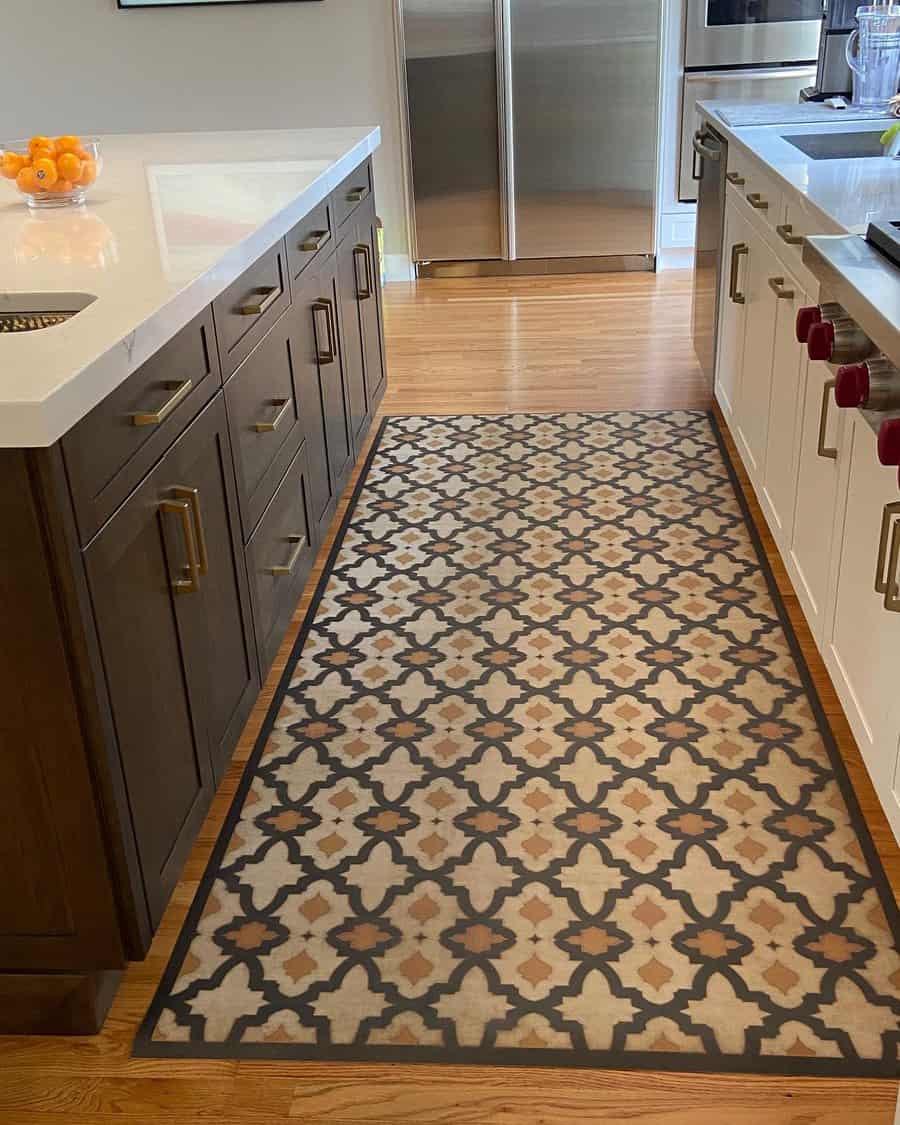 Kitchen with patterned rug and wooden flooring