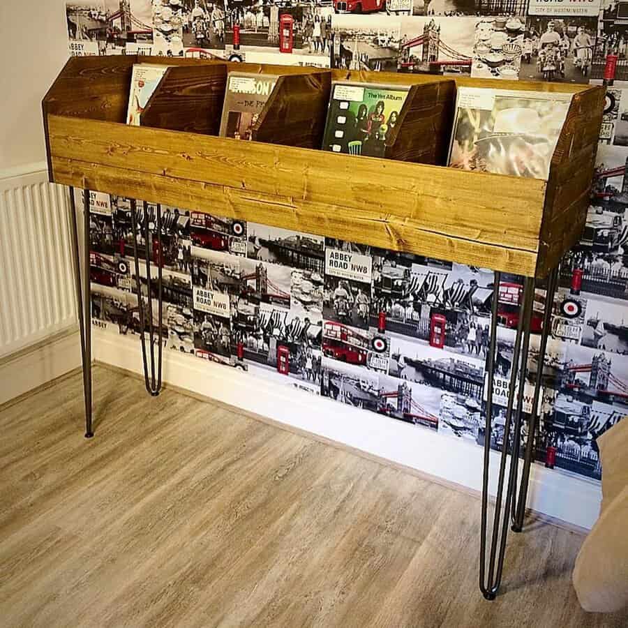 Rustic wooden record holder with hairpin legs