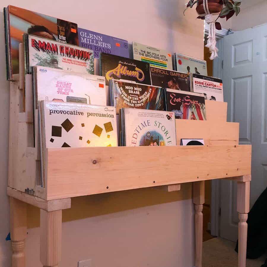 Quirky DIY vinyl record shelf with albums