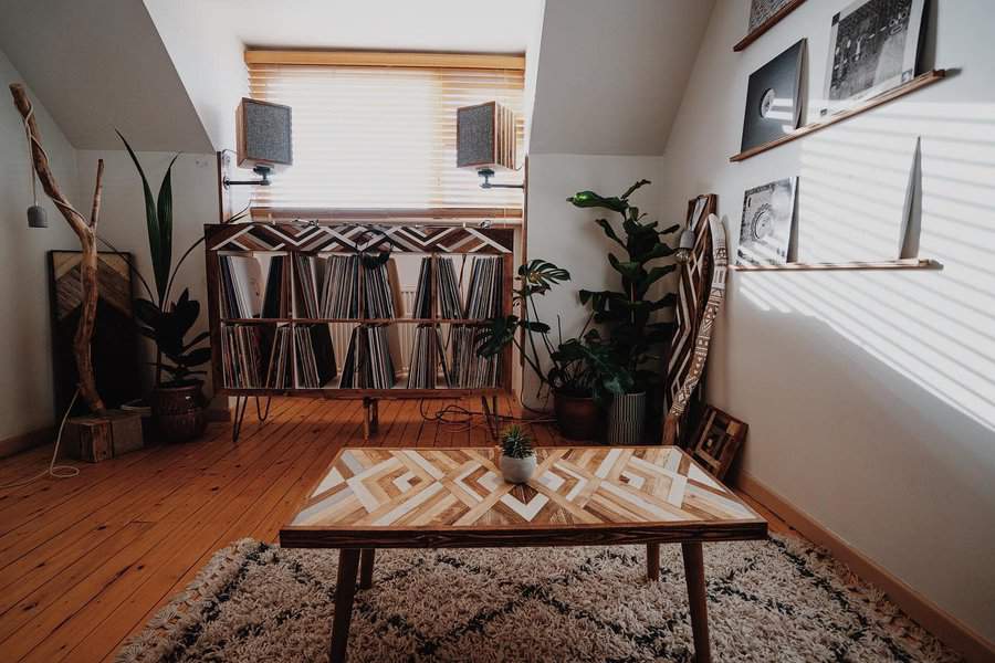 Cozy attic music space with vinyl storage