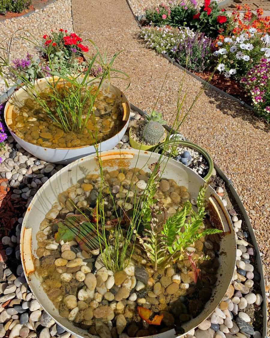 DIY garden water features made with repurposed bowls, pebbles, aquatic plants, and vibrant flower beds lining a gravel pathway