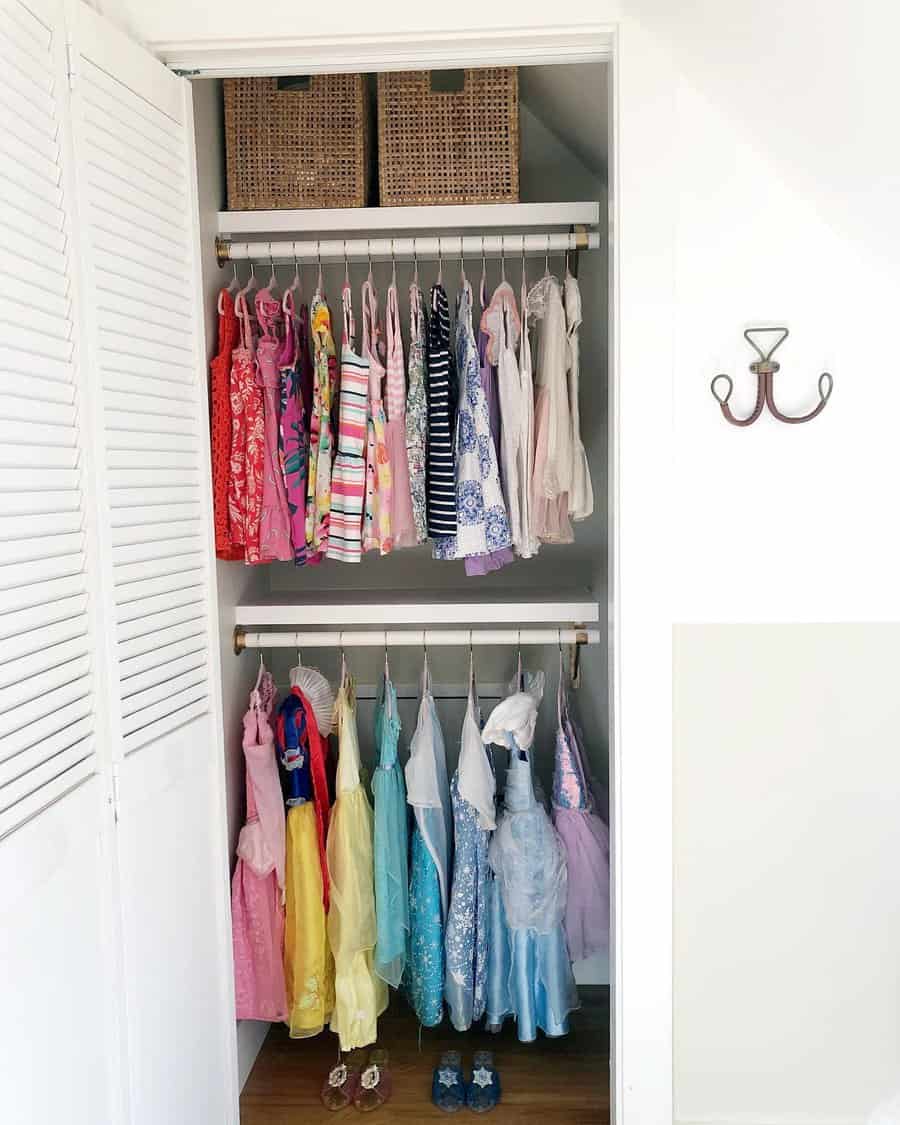 small closet with woven basket and wicker hook