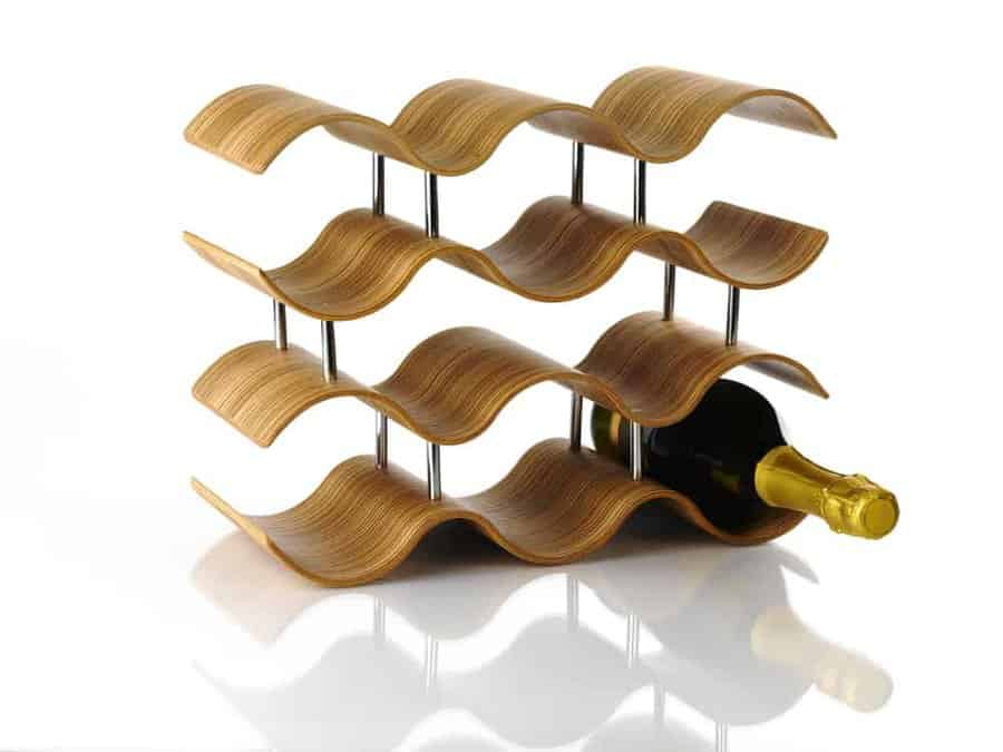 Modern wave-style wine rack with curved wooden shelves and metal supports, creating a sleek and stylish storage solution