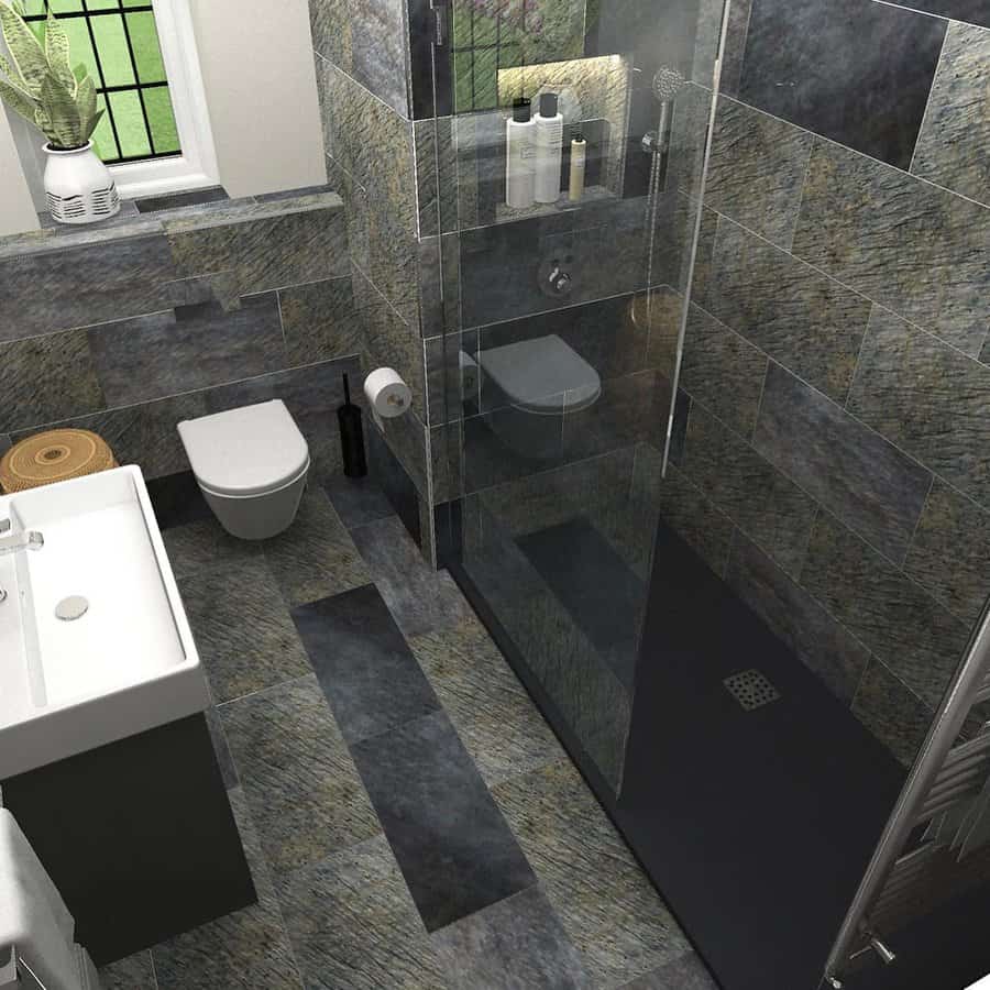 Graphic tiled bathroom with walk in shower