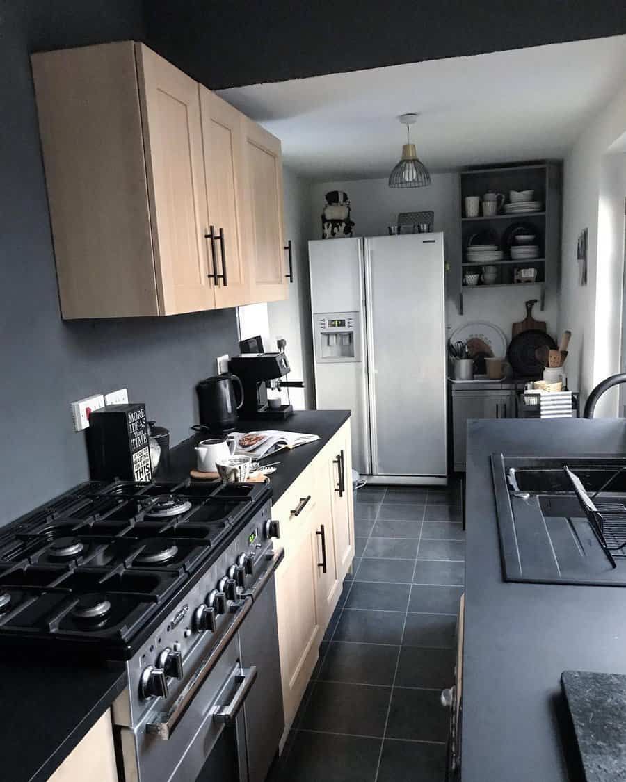 small galley kitchen with dark walls