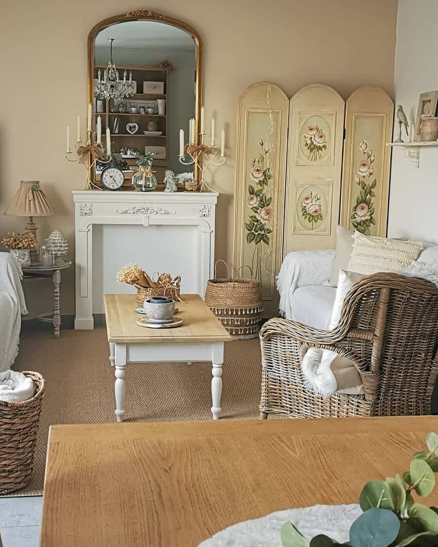 Elegant room with mirror and wicker chair