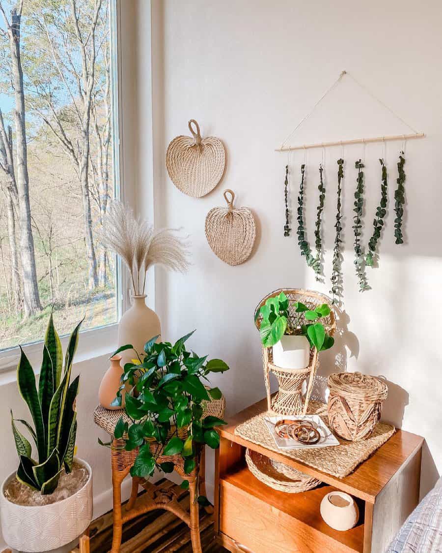 Boho corner with plants and wall hangings