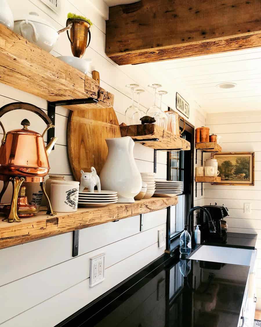 farmhouse kitchen with floating shelves