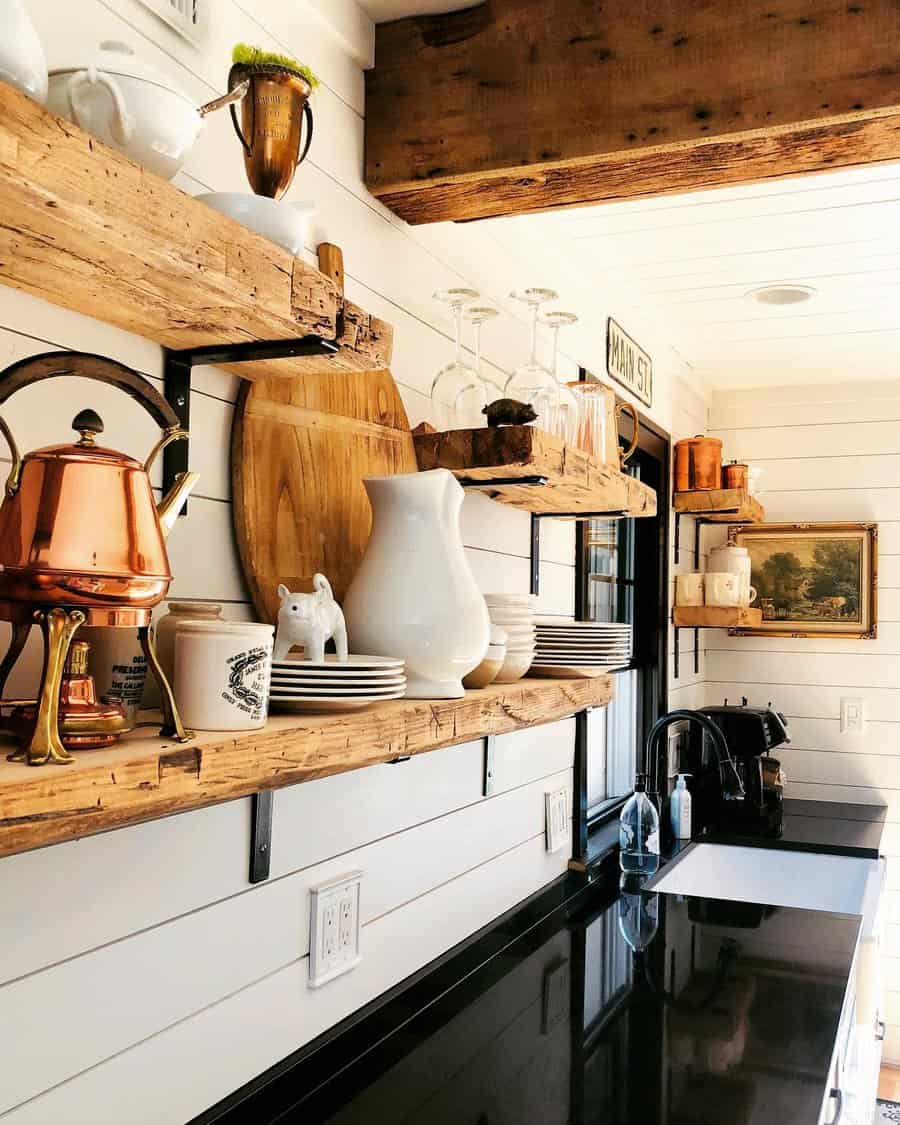 Farmhouse kitchen with floating shelves