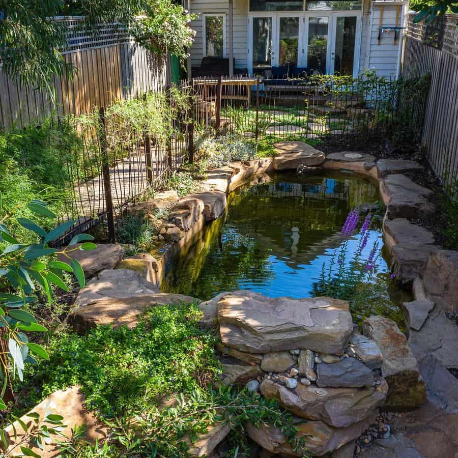 backyard landscape with pond