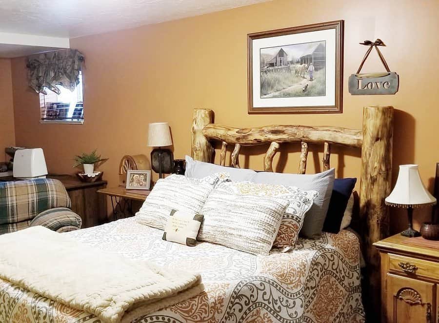 Rustic bedroom with wooden decor and warm tones