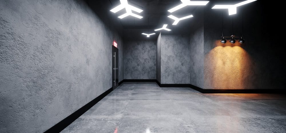 Modern hallway with angular lights and textured walls