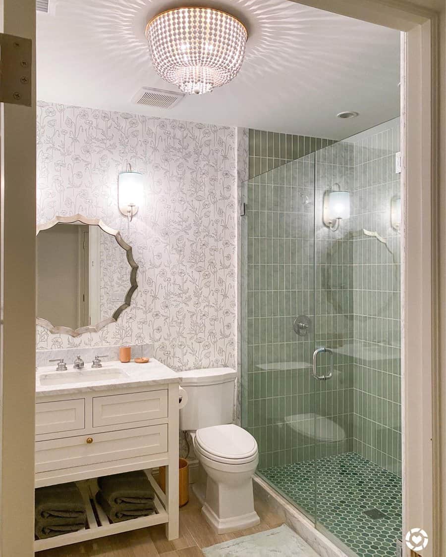 Basement bathroom with print on print tiles