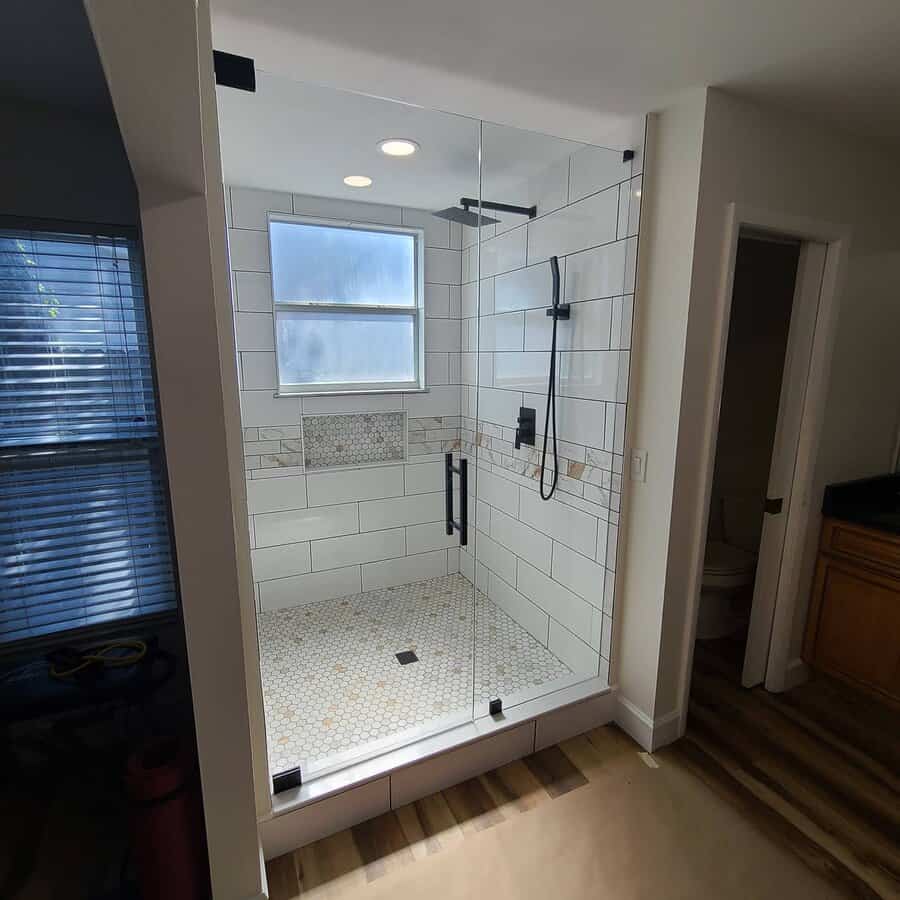 Bathroom shower with frosted window