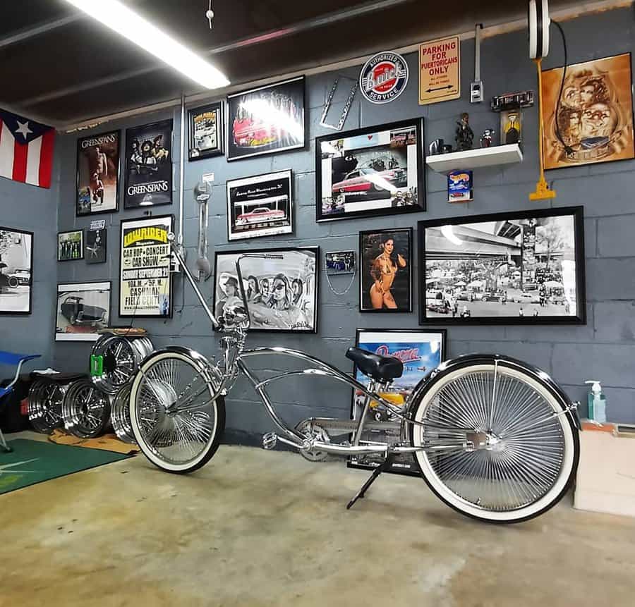 Garage man cave with wall art 