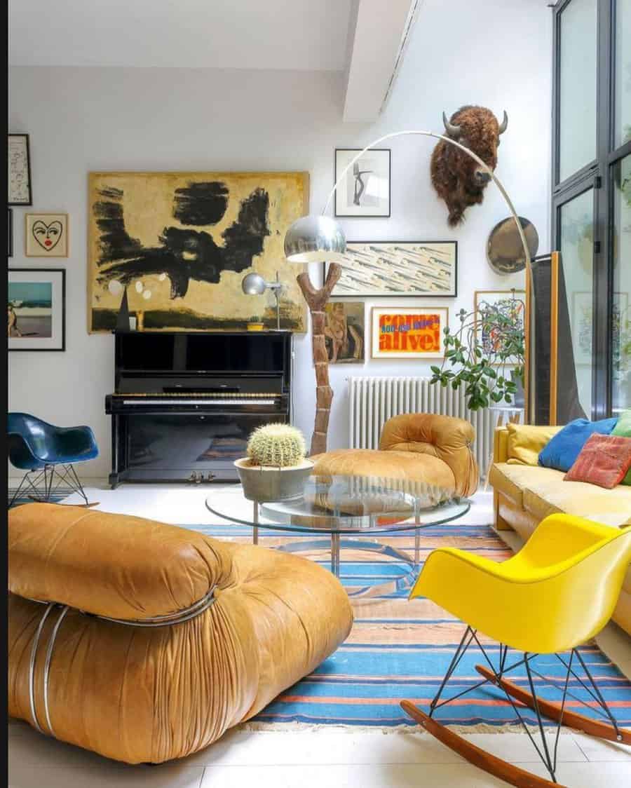 Colorful eclectic living room with modern furniture, a piano, and diverse artwork.