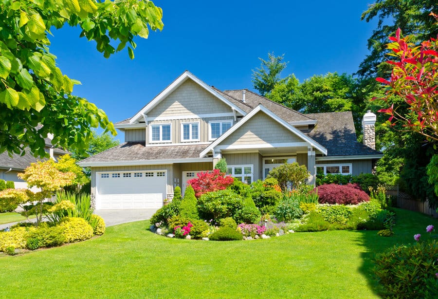 Suburban home with vibrant front yard garden