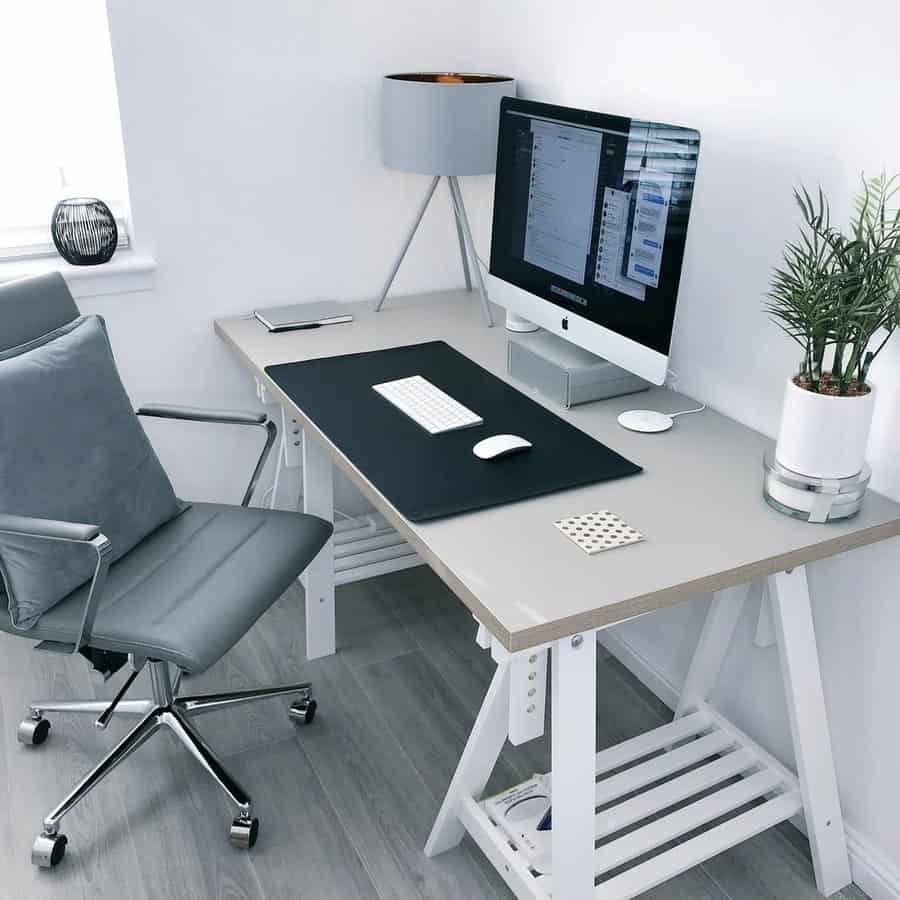 Modern minimalist home office with gray and white decor