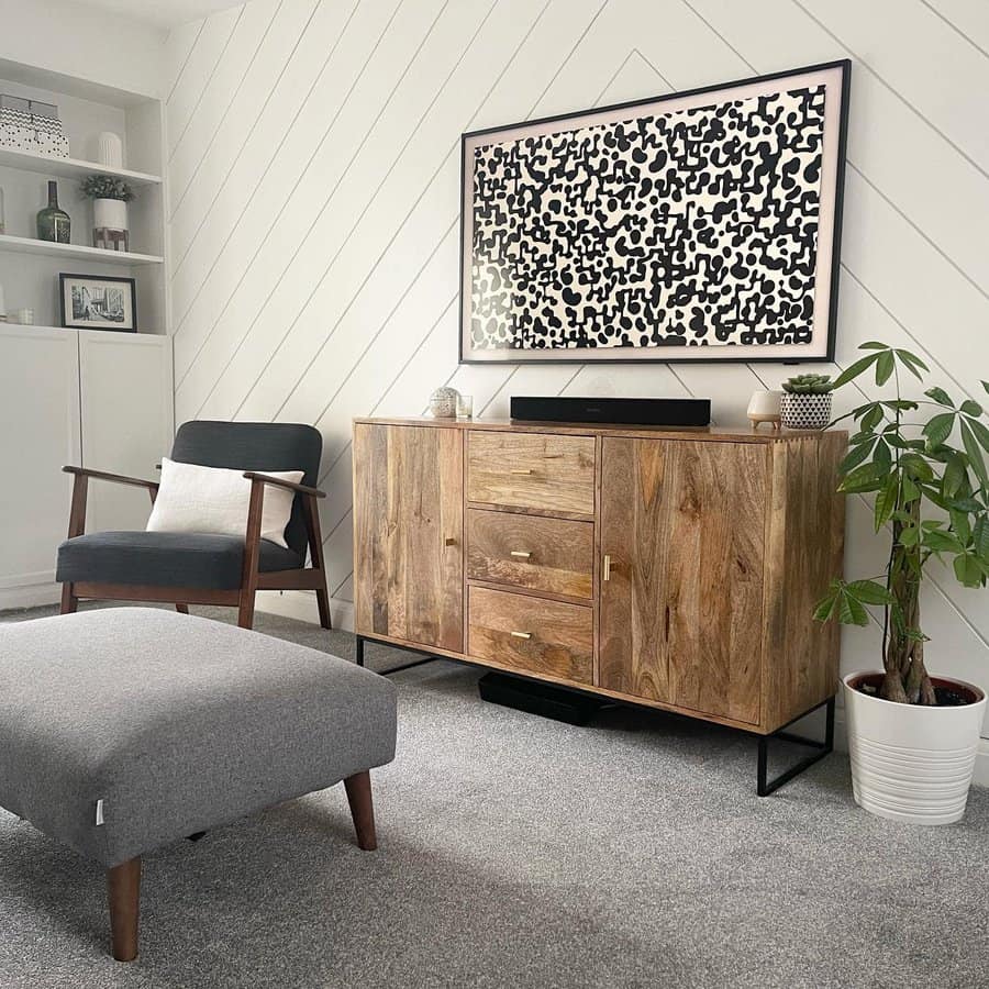 Living room with diagonal shiplap wall and modern decor