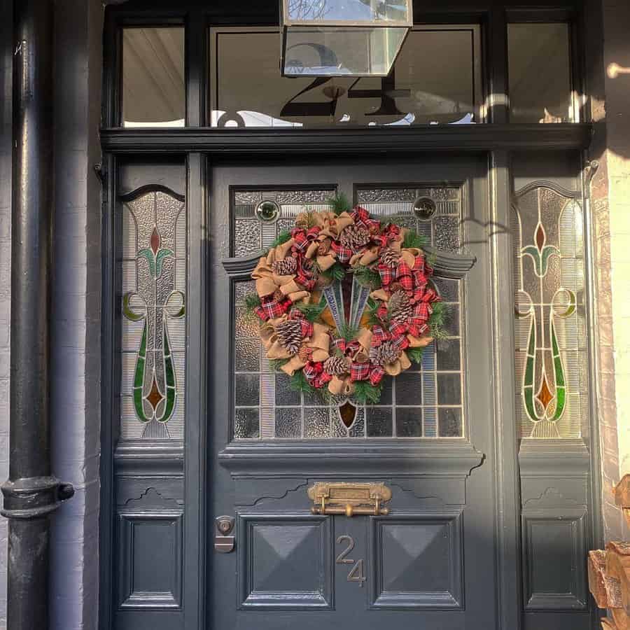 Decorated front door with wreath