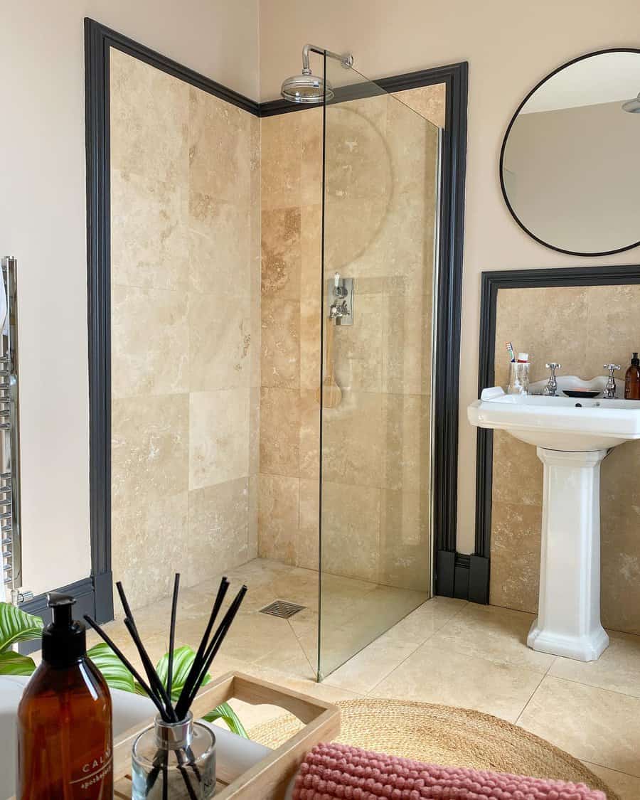 walk-in shower with framed walls