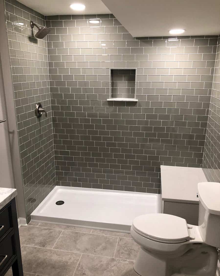 shades of grey glass tiles walk-in shower