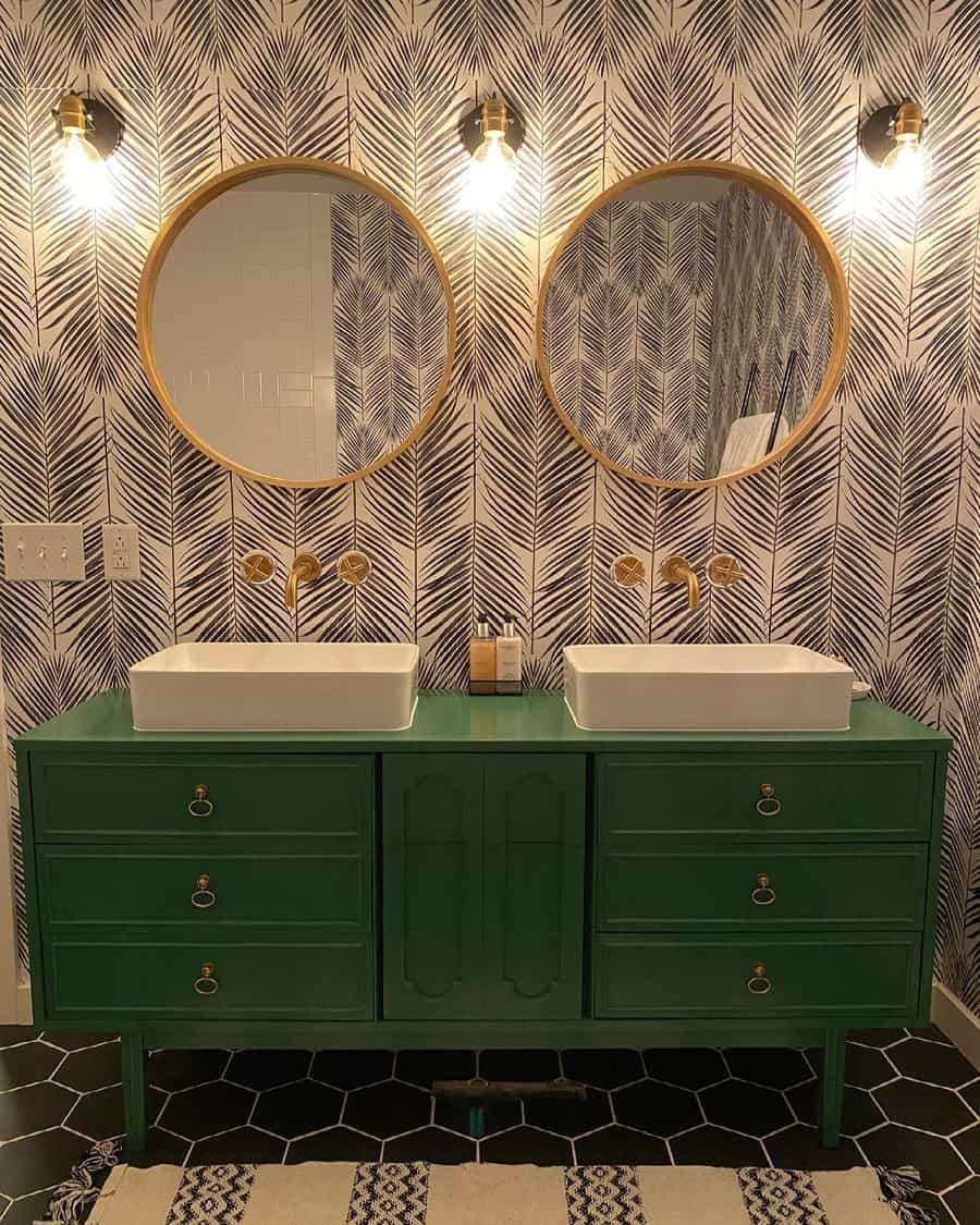 Green bathroom vanity with dual sinks