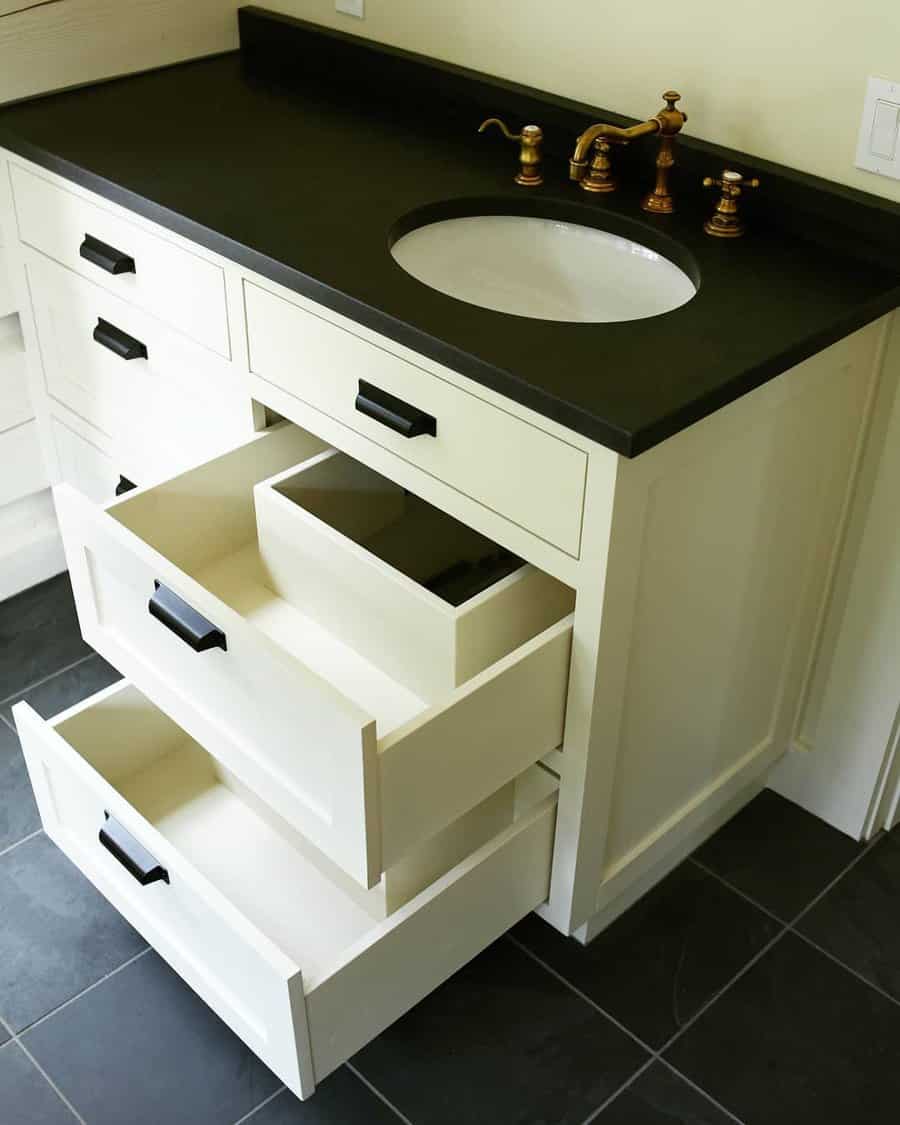 Bathroom cabinet with black metalware pulls